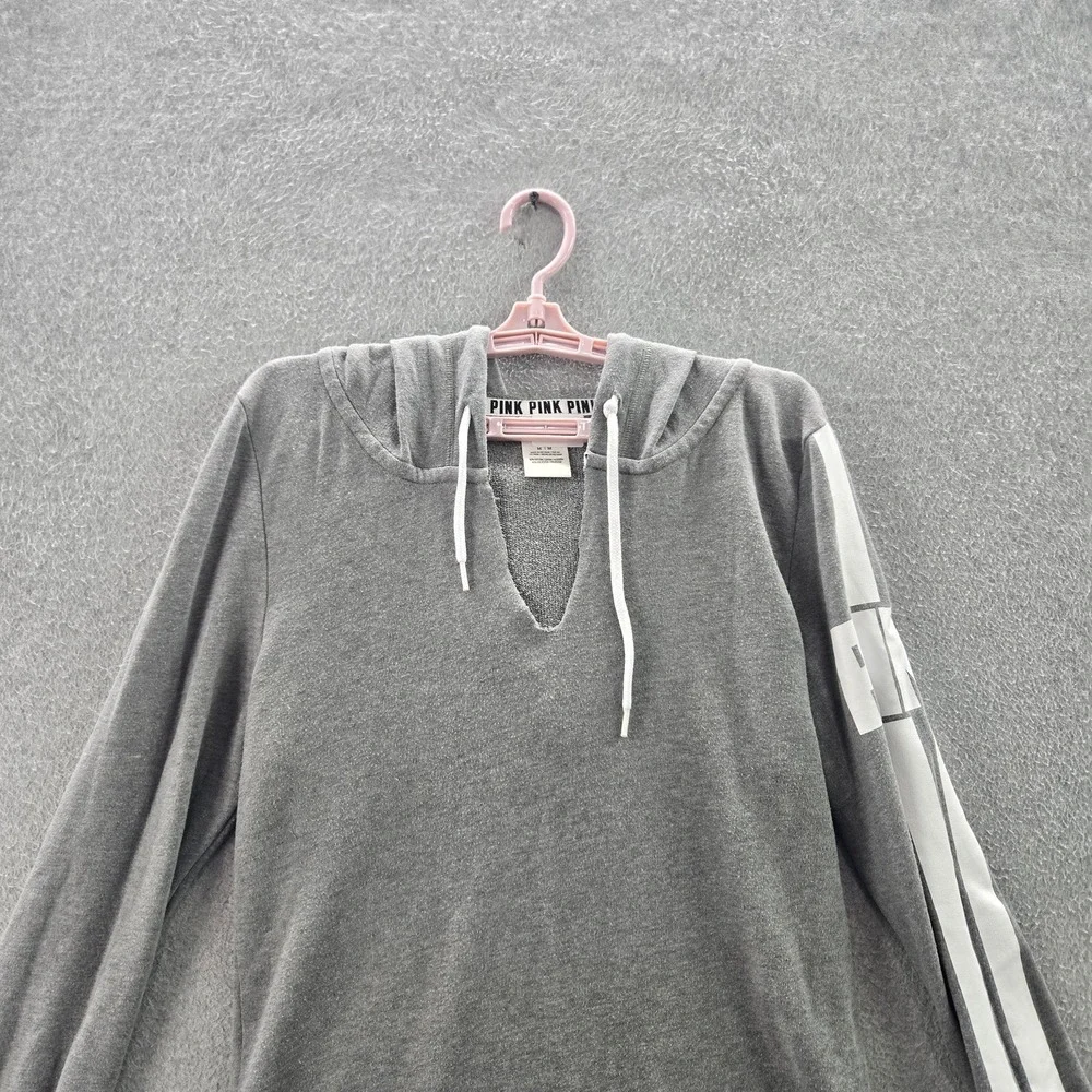 PINK‎ Victoria's Secret Women Hoodie M Gray Logo Stripe Long Sleeve